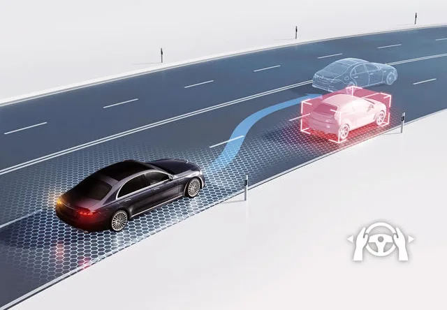 Illustration of a Mercedes-Benz changing lanes with driver assistance sensor fields shown