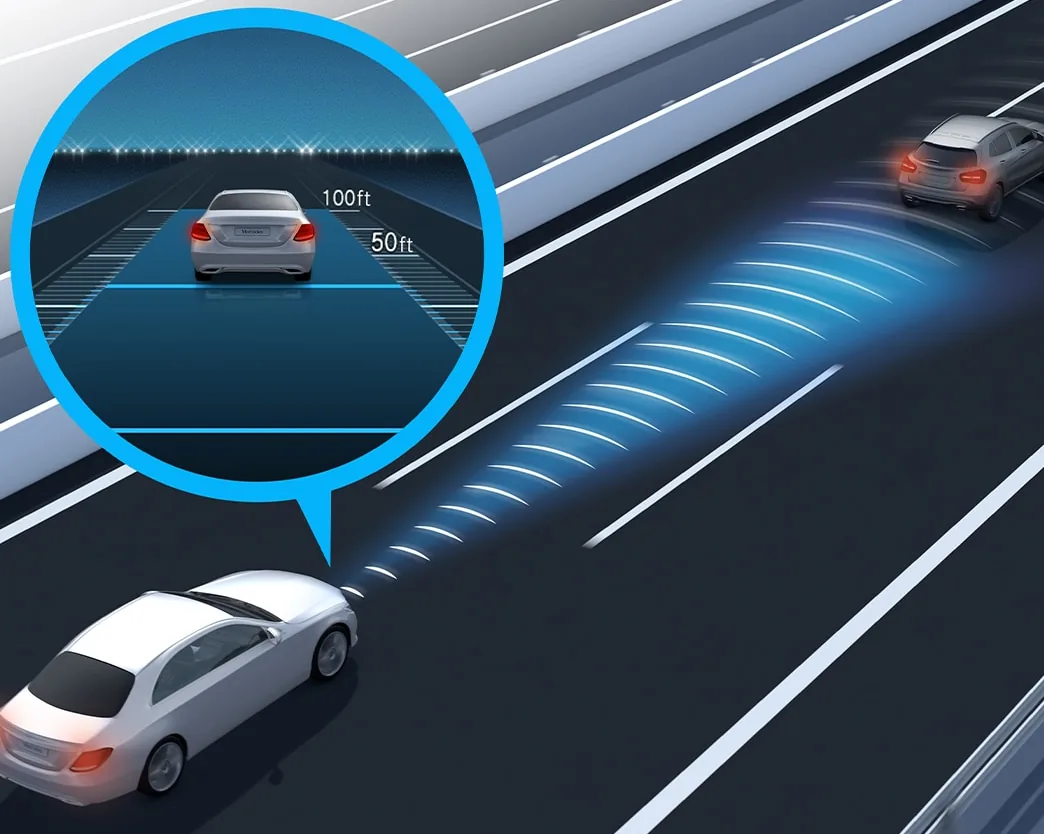 Illustration of Distance Assist keeping a gap to the car ahead, with 50 ft and 100 ft markers