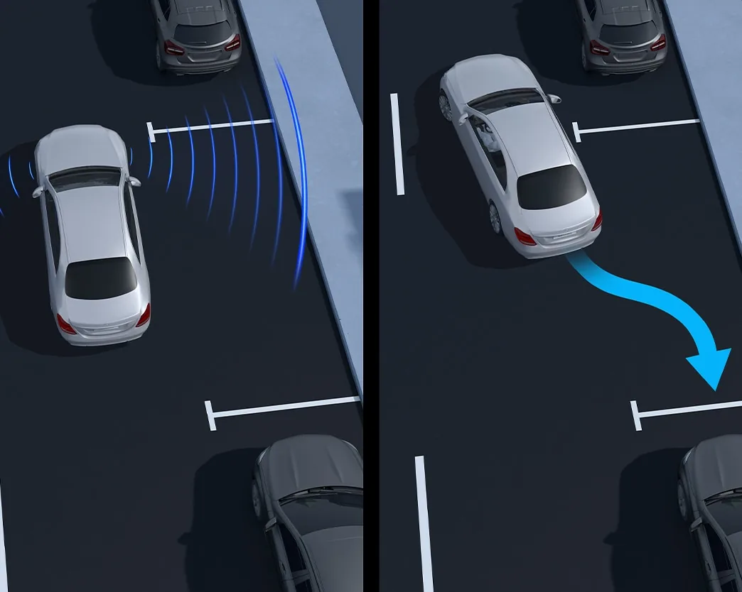 Overhead illustration of Active Parking Assist steering a car into a parking space