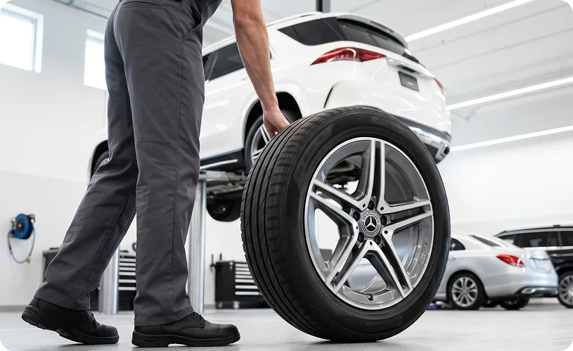 Technician rolling a Mercedes-Benz alloy wheel across the shop floor beside a white Mercedes-Benz GLE raised on a lift