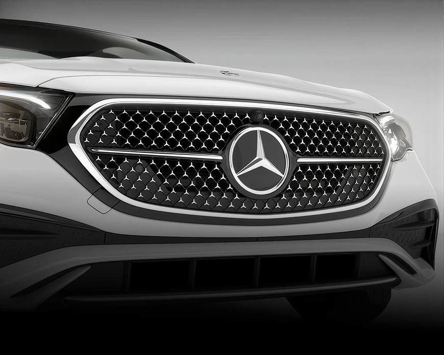 Close-up of the E-Class chrome Star-pattern grille and central Star