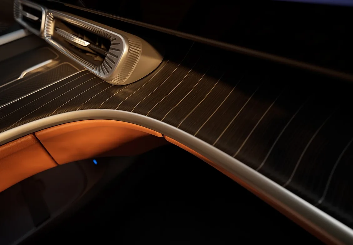 Floating console with fine-line trim and tan upholstery