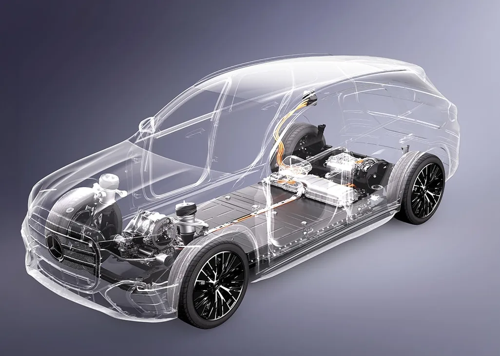 Cutaway illustration of the GLC Electric SUV chassis, suspension and battery