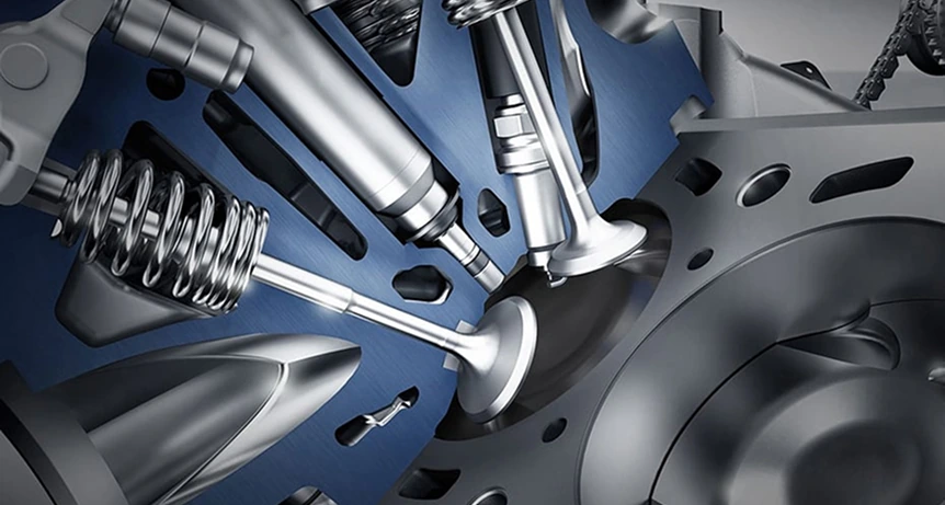 Cutaway illustration of the direct injectors and spark plugs inside the engine cylinders