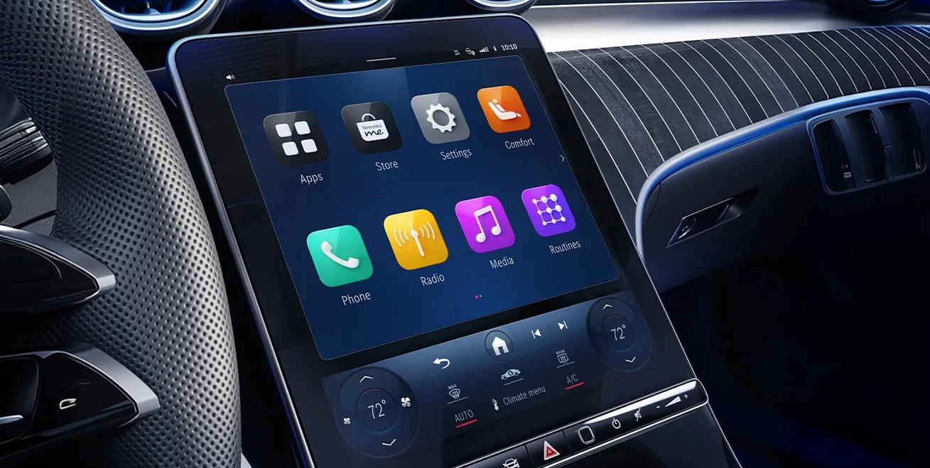 CLE MBUX touchscreen showing the app menu