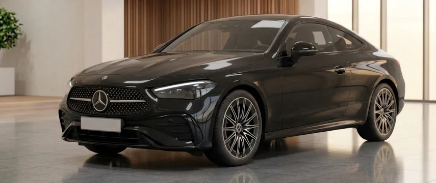 Black Mercedes-Benz coupe in a showroom
