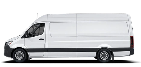 White Mercedes-Benz Sprinter Cargo Van with a high roof and 170-inch wheelbase, shown in profile