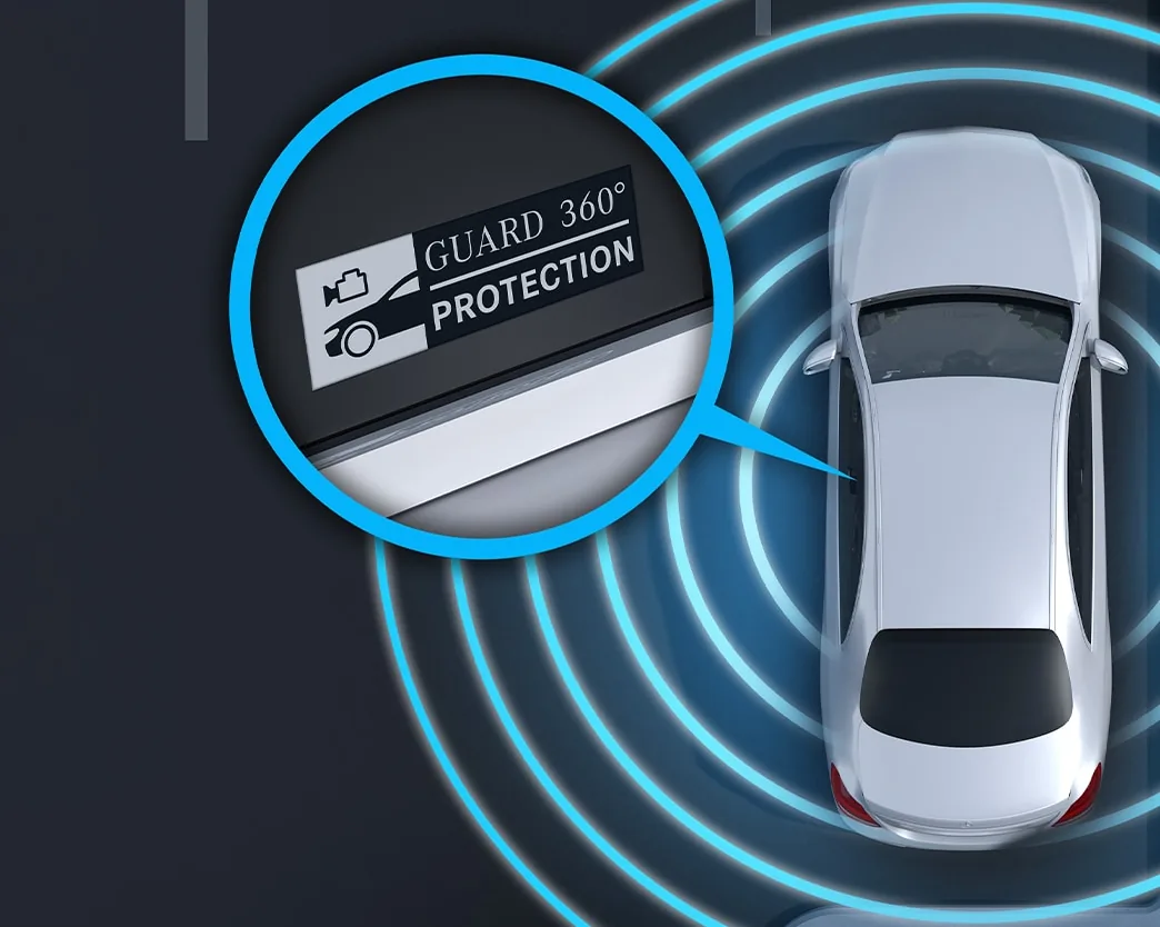 Illustration of a parked car ringed by sensor waves with a GUARD 360 Protection badge