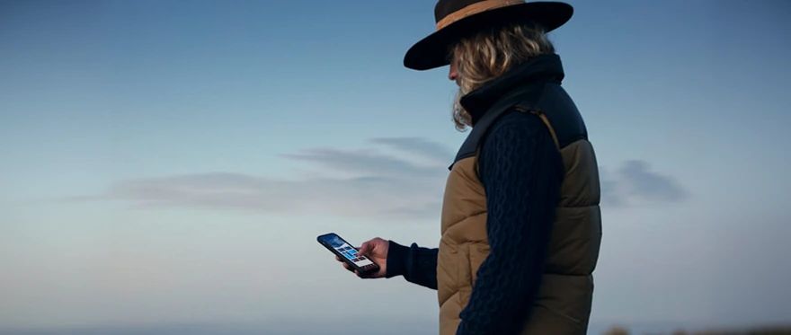 Person in a wide-brim hat checking the Mercedes-Benz app on a phone in open country at dusk
