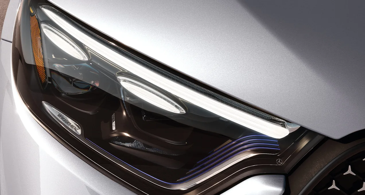 Close-up of the GLC LED headlamp on a silver body