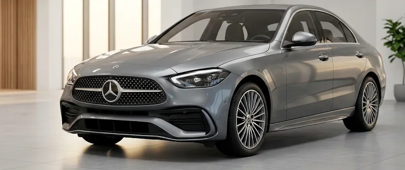 Silver Mercedes-Benz sedan in a showroom