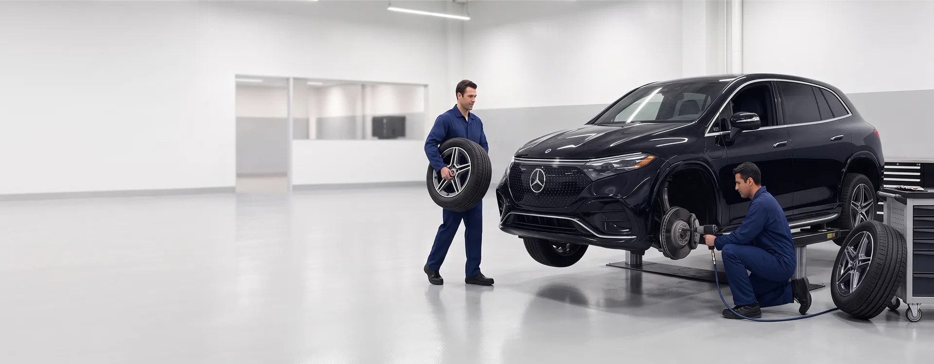 Two technicians in blue coveralls rotating the tires on a black Mercedes-Benz EQS SUV raised on a service lift, one carrying a wheel while the other removes another with an impact wrench