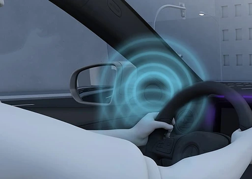 Illustration of a driver with blue sound waves showing PRE-SAFE Sound