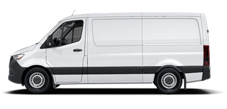 White Mercedes-Benz Sprinter Cargo Van with a standard roof, shown in profile