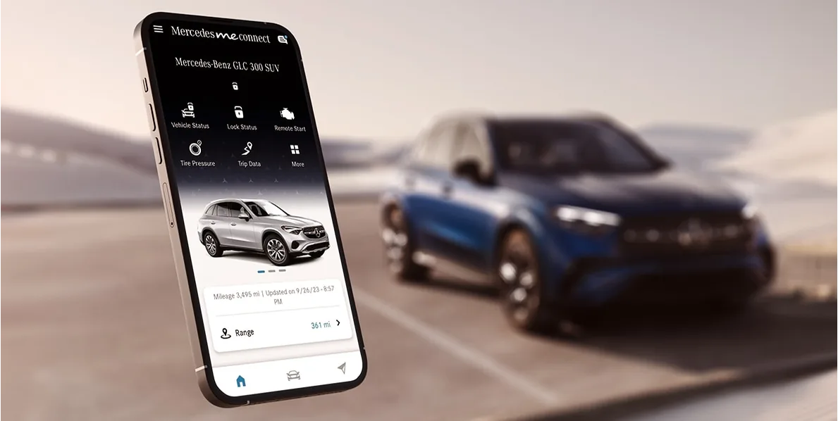 Smartphone showing the Mercedes-Benz app digital key in front of a blue GLC