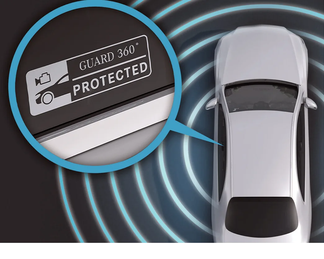 Illustration of a parked vehicle ringed by sensor waves with a GUARD 360 Protected badge