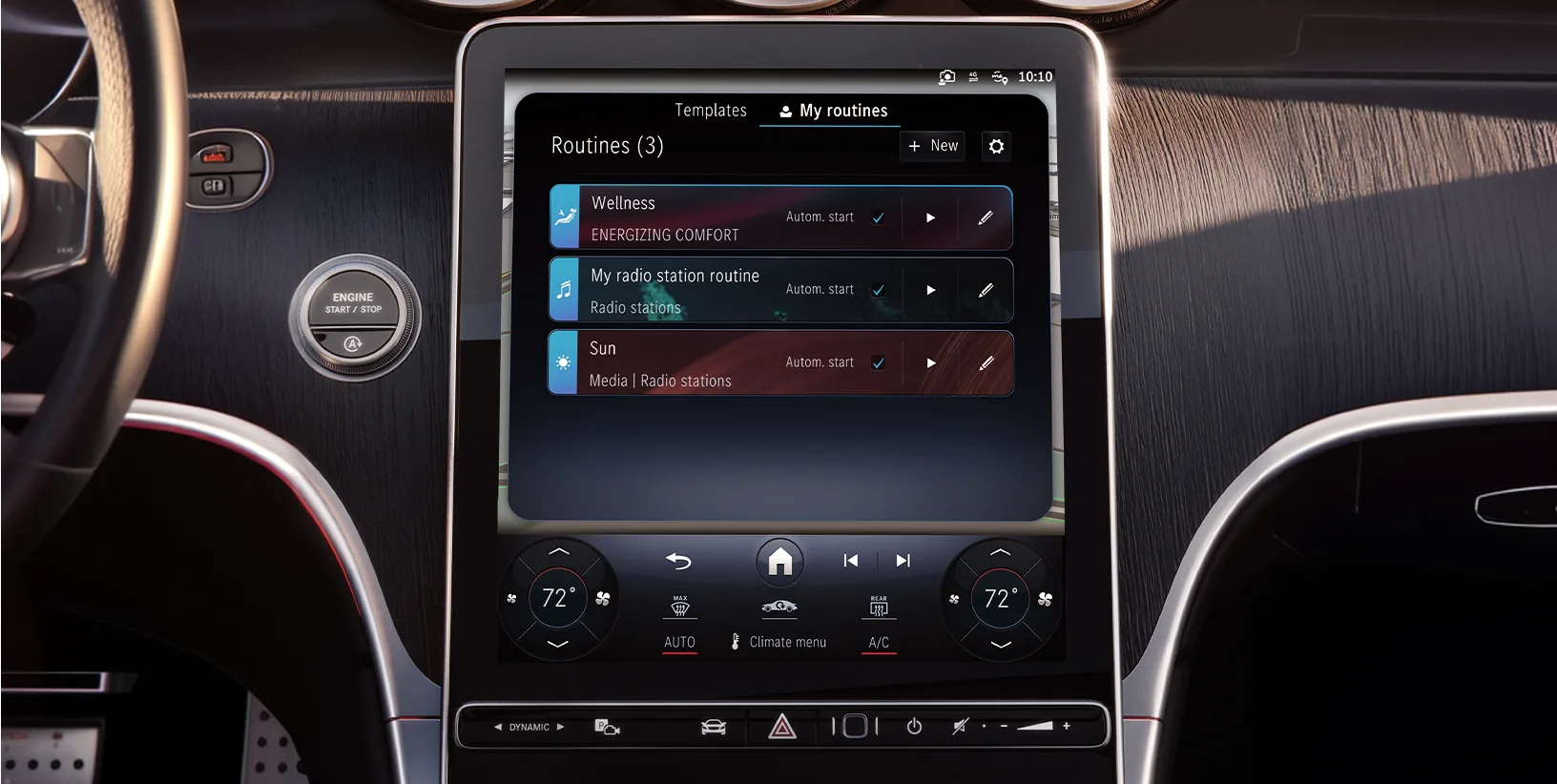 GLC MBUX touchscreen showing the routines menu