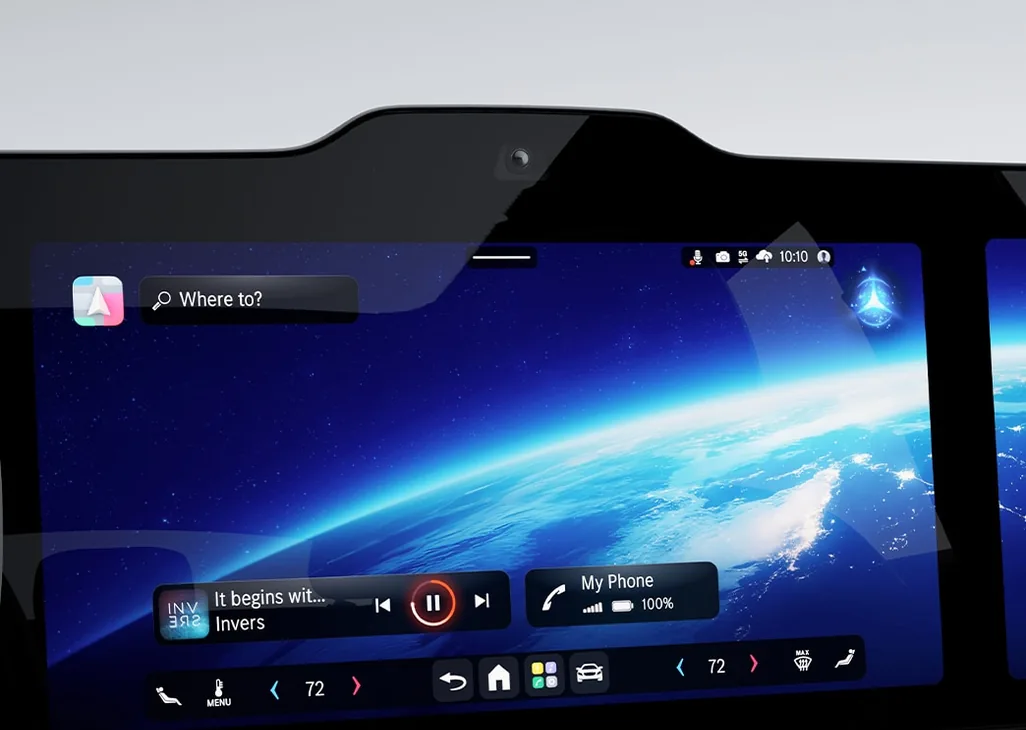 GLC Electric SUV display showing an Earth-from-space screen