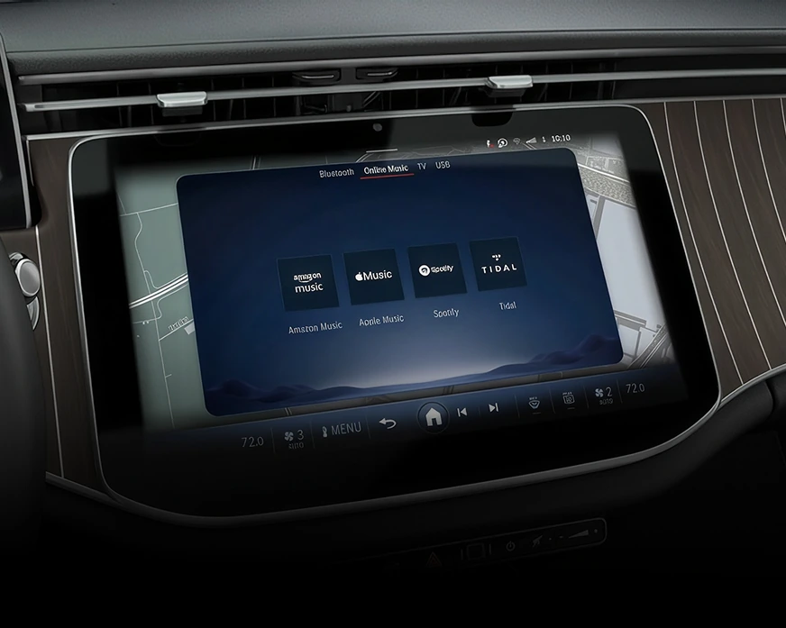 E-Class touchscreen showing entertainment app tiles