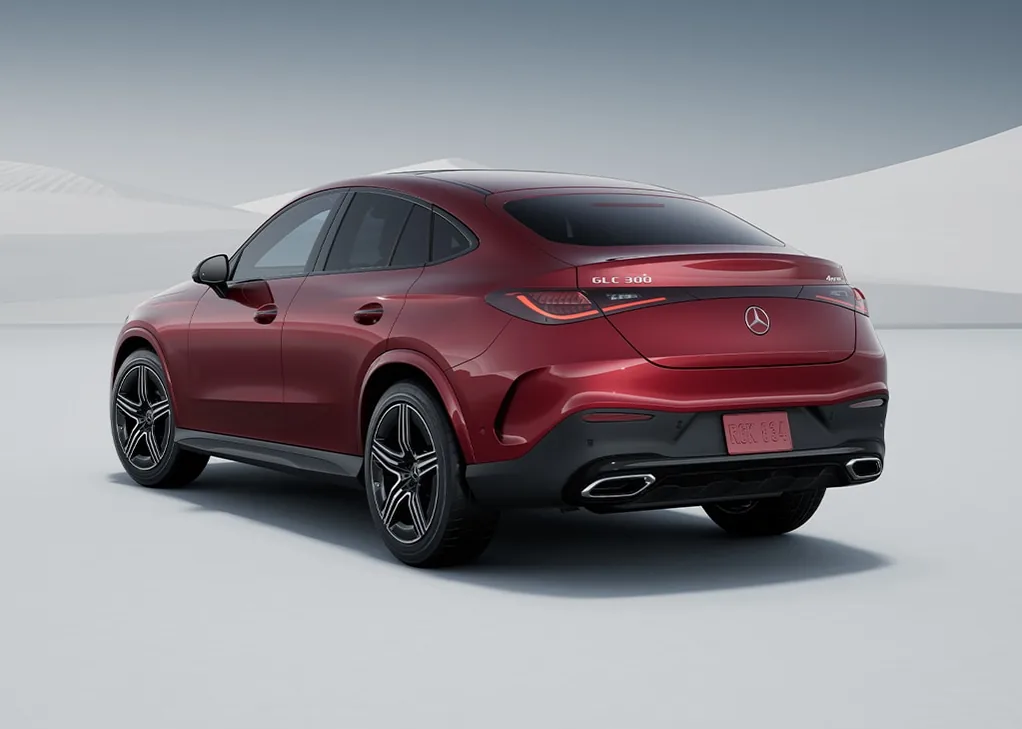 Rear view of a red GLC Coupe in a white studio