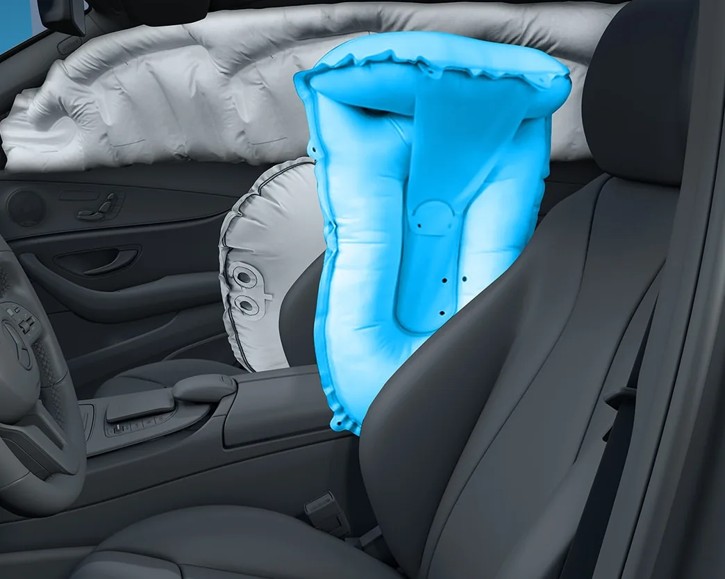 Illustration of the CLE center air bag deployed between the front seats