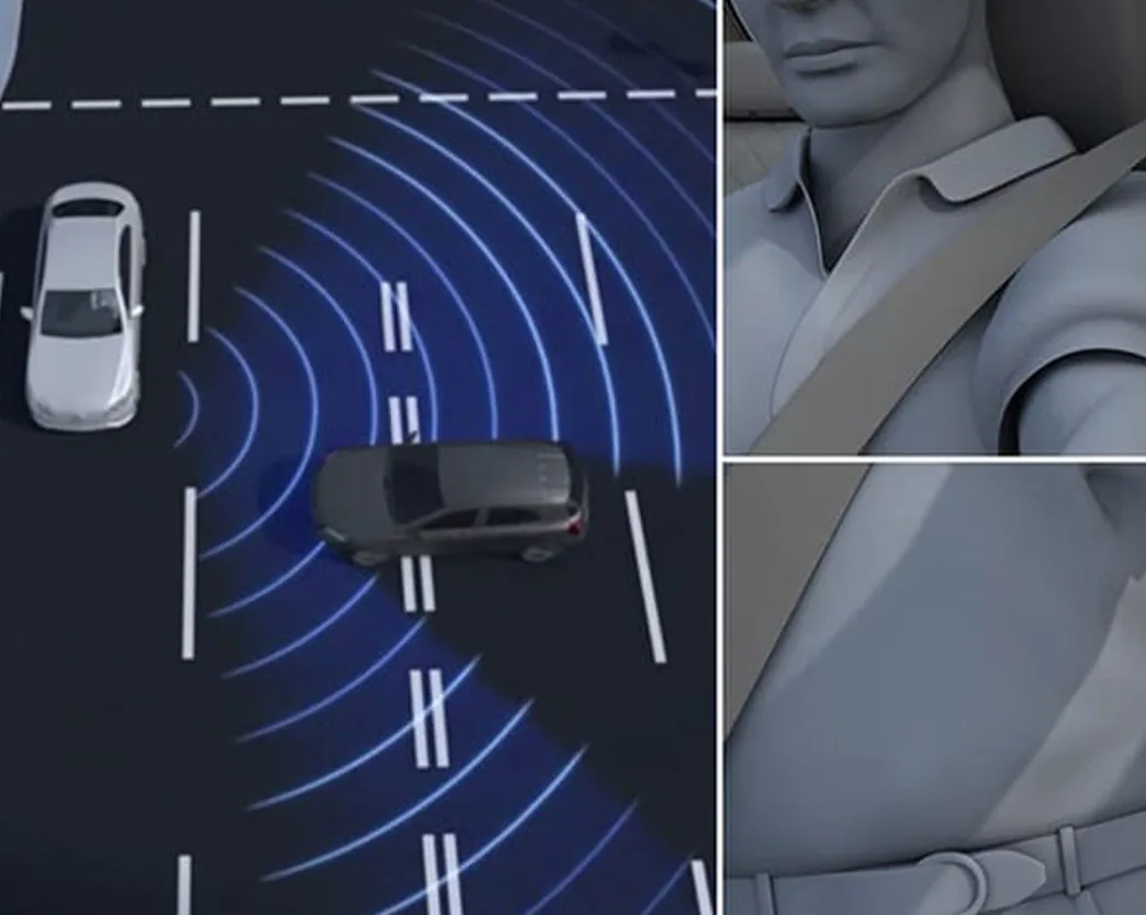 Illustration of PRE-SAFE radar detecting a crossing car, with a belted driver inset