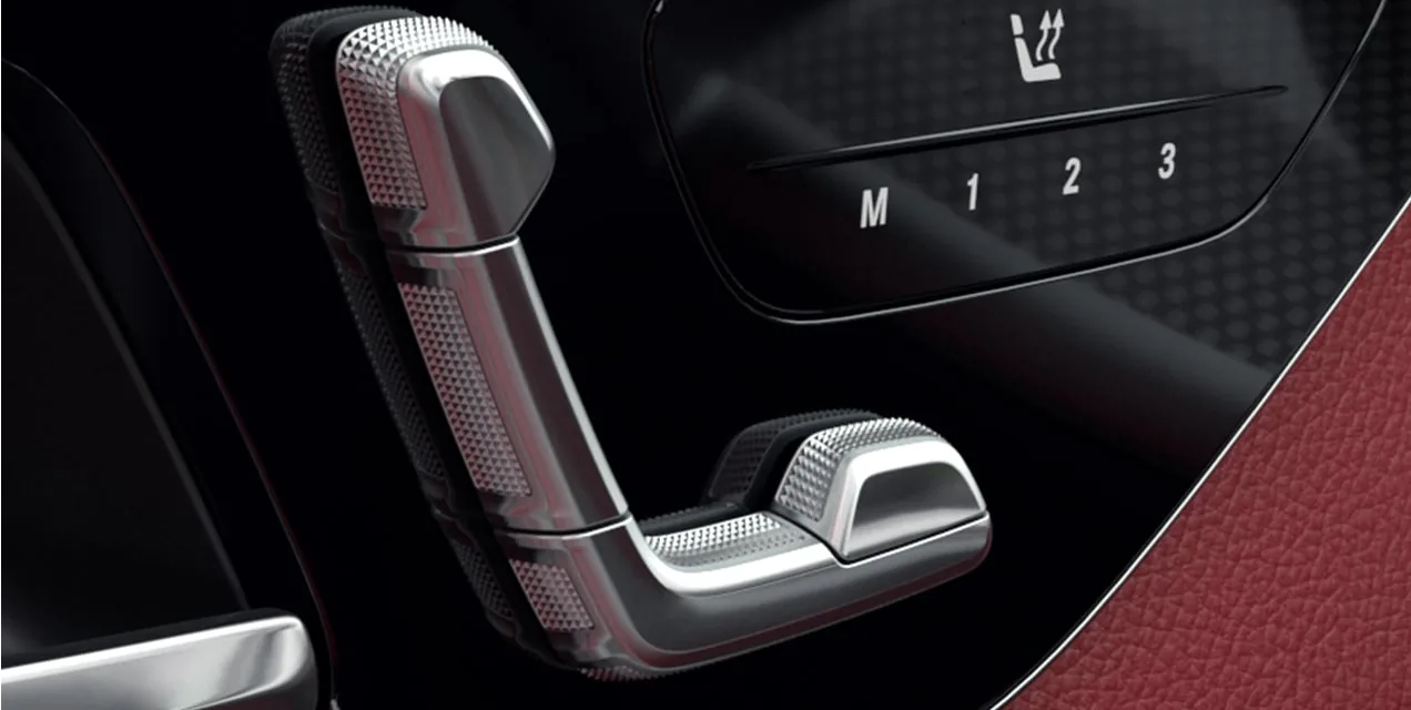 GLC Coupe seat controls and memory buttons beside red leather