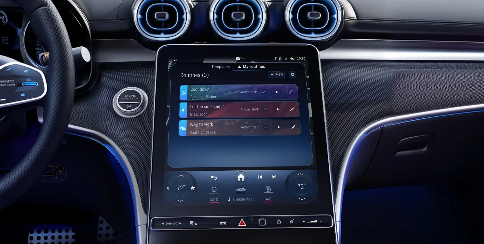 CLE dashboard touchscreen showing the MBUX Routines menu