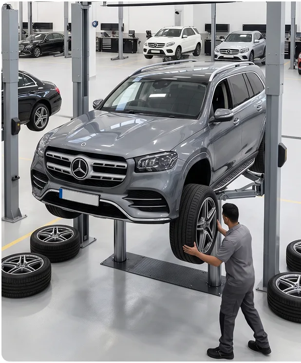 Technician guiding a wheel back onto a grey Mercedes-Benz GLS raised on a two-post lift, with the other wheels resting on the shop floor