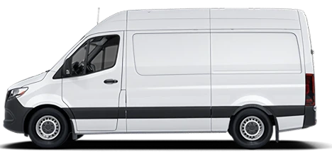 White Mercedes-Benz Sprinter Cargo Van with a high roof, shown in profile