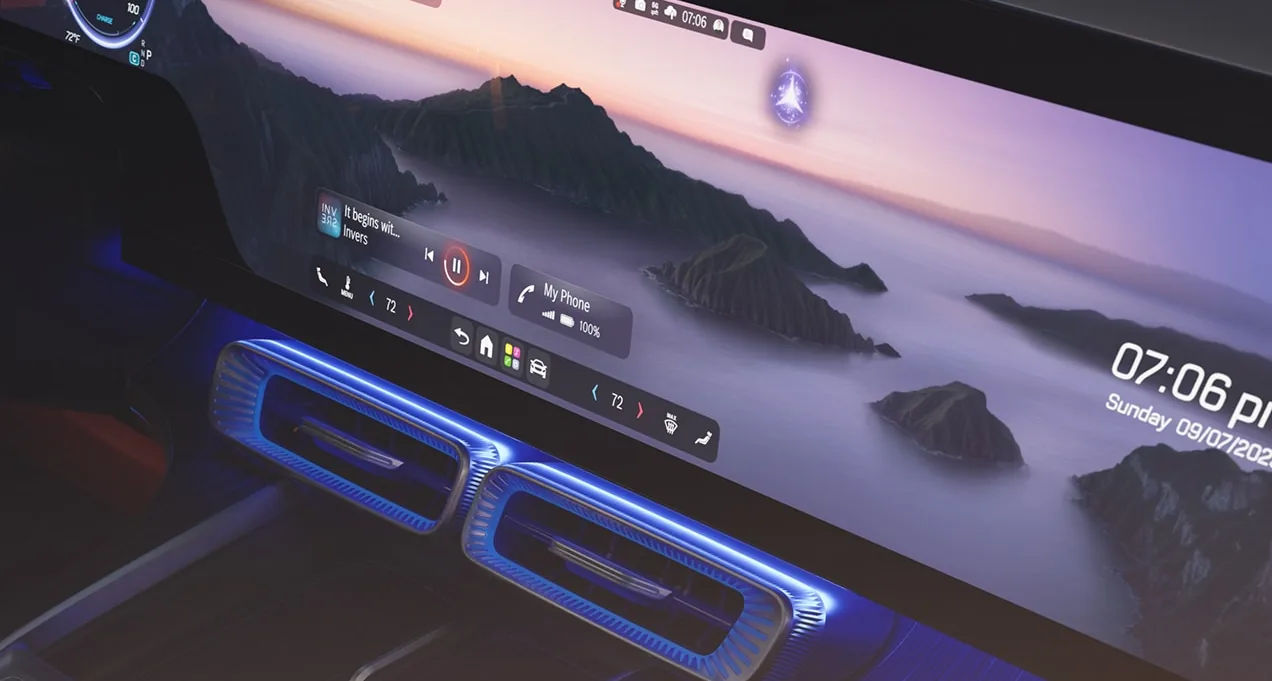 GLC Electric SUV widescreen display with blue-lit air vents