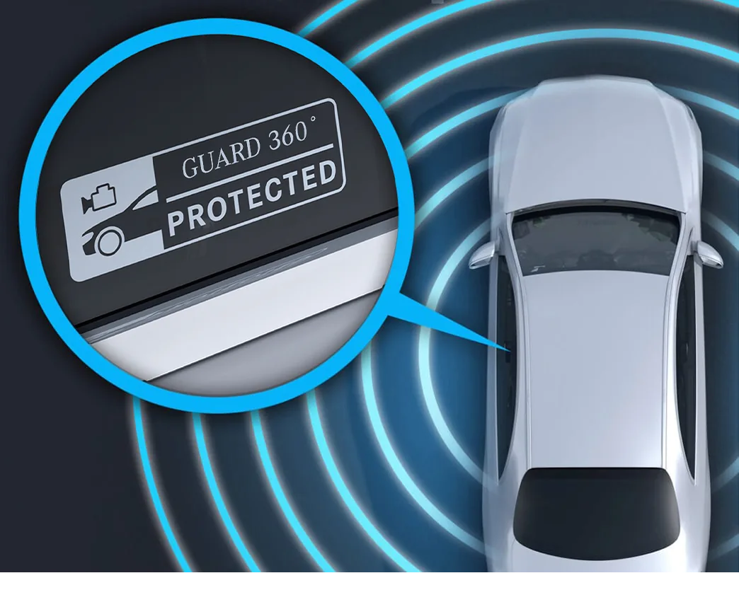 Illustration of a parked vehicle ringed by sensor waves with a GUARD 360 Protected badge