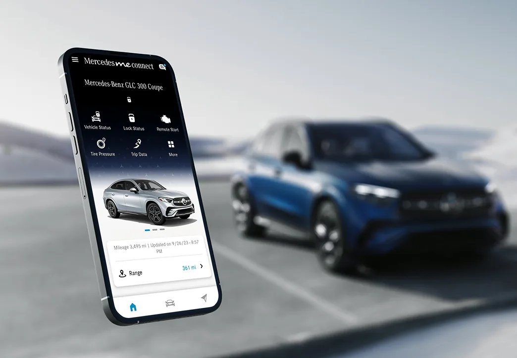Smartphone showing the Mercedes-Benz app digital key in front of a blue GLC