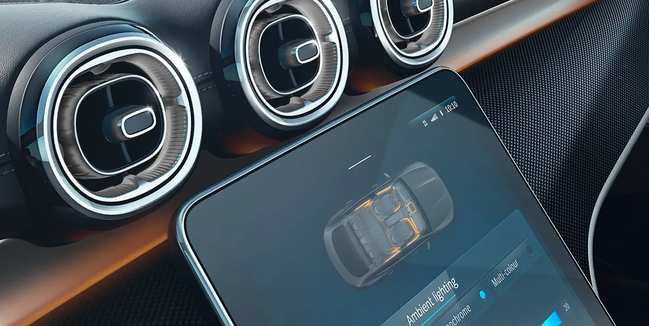 GLC Coupe air vents and touchscreen glowing with ambient lighting