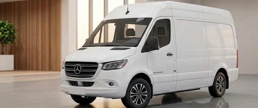 White Mercedes-Benz Sprinter van in a showroom