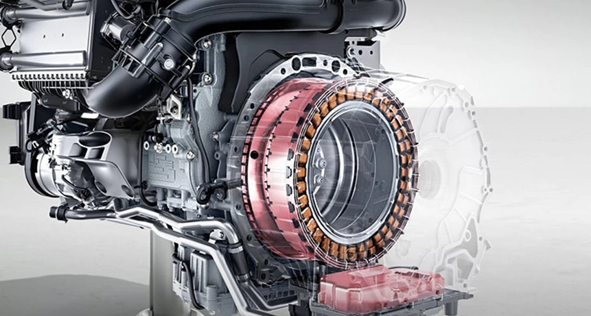 Render of the 48-volt Integrated Starter-Generator mounted between the engine and transmission