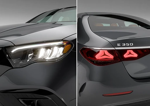 Split view of an E-Class LED headlamp and three-pointed-star LED taillamps