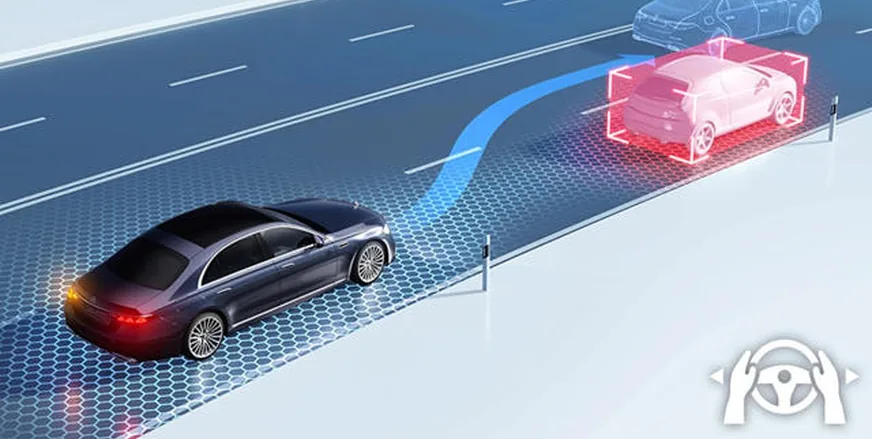 Illustration of a Mercedes-Benz changing lanes with driver assistance sensor fields shown