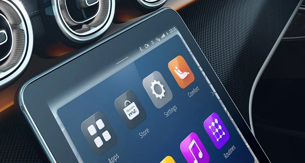 GLC touchscreen showing the MBUX app menu including Routines