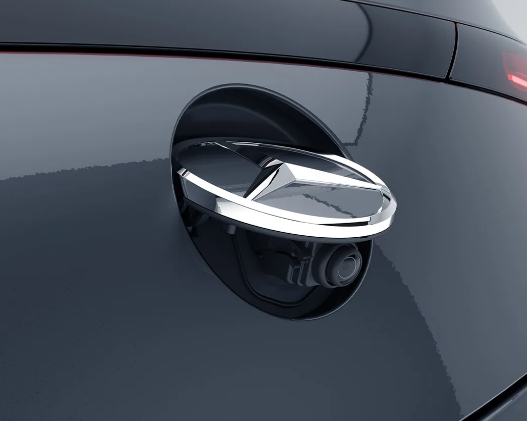Rearview camera revealed behind the flipped-up Mercedes-Benz star on the CLE trunk