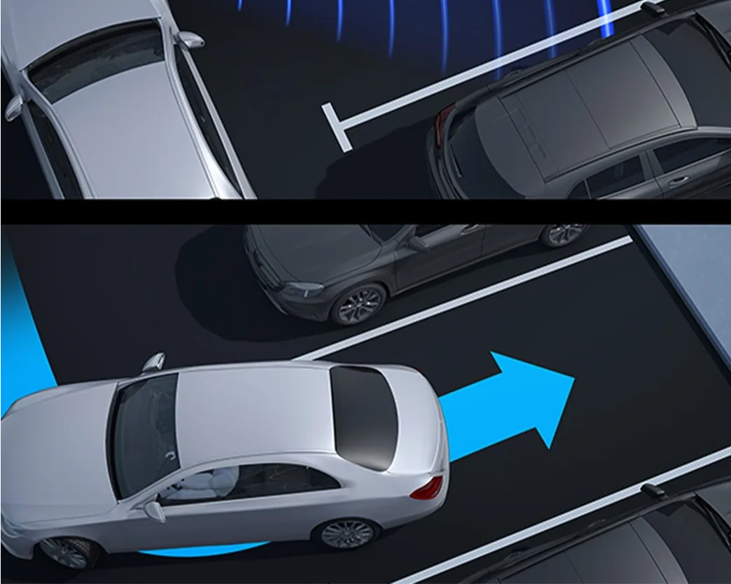 Overhead illustration of a car exiting a parking space with Maneuvering Assist