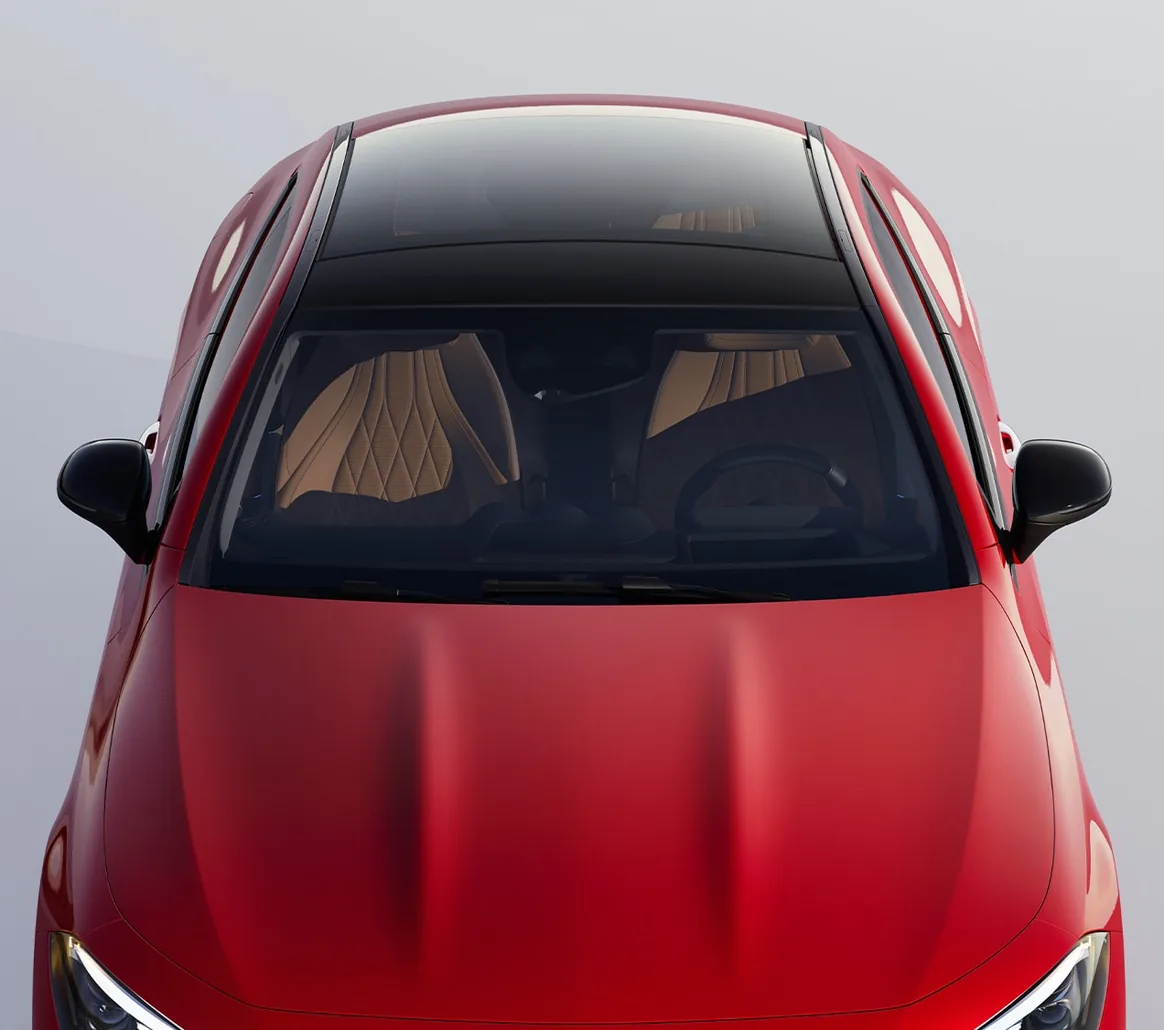 Overhead view of a red CLE Coupe hood and Panorama roof