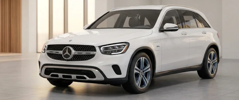 White Mercedes-Benz hybrid SUV in a showroom