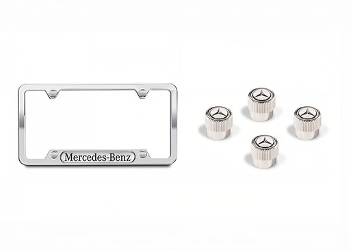 Polished Mercedes-Benz license plate frame and four Star valve stem caps