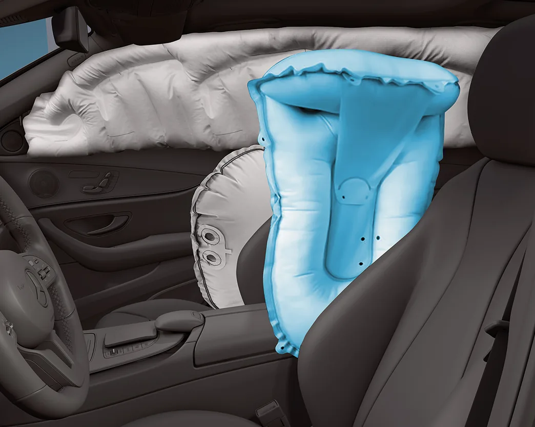 Illustration of the GLC front center air bag deployed between the front seats