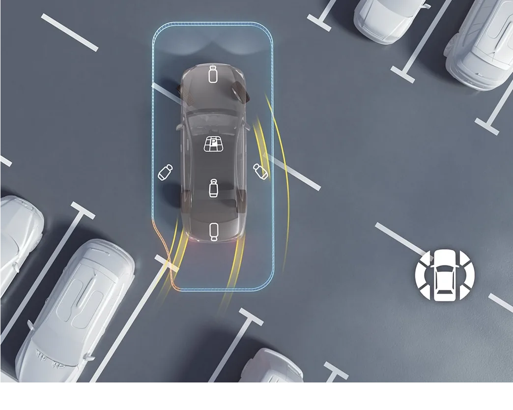 Overhead illustration of a GLC reversing into a parking space with sensor zones shown