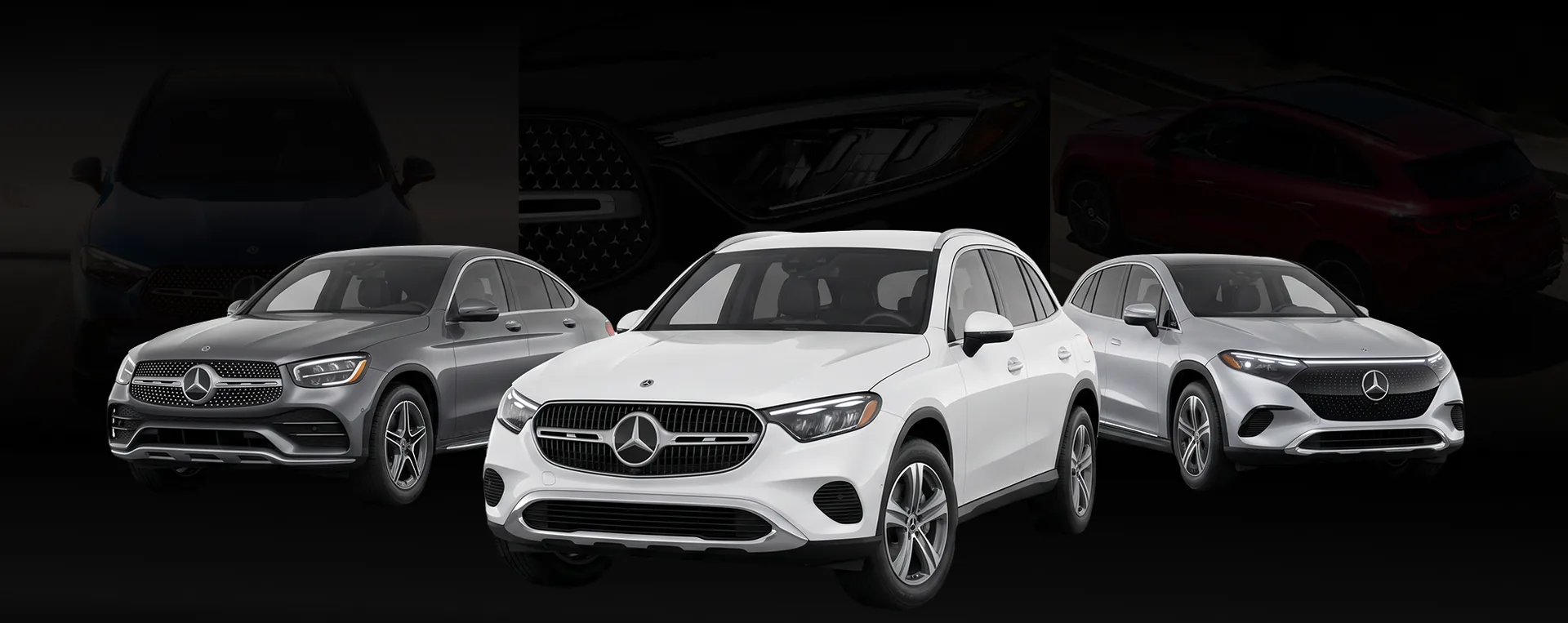 Grey 2027 Mercedes-Benz GLC Coupe, white GLC SUV and silver GLC Electric SUV parked side by side on a dark backdrop