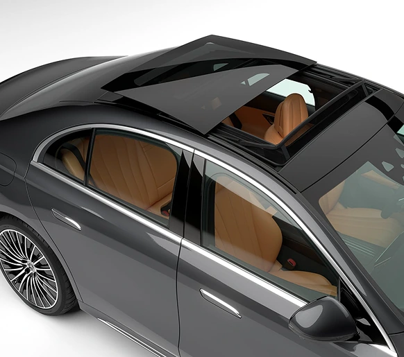 Dark E-Class Sedan from above with the panorama roof open