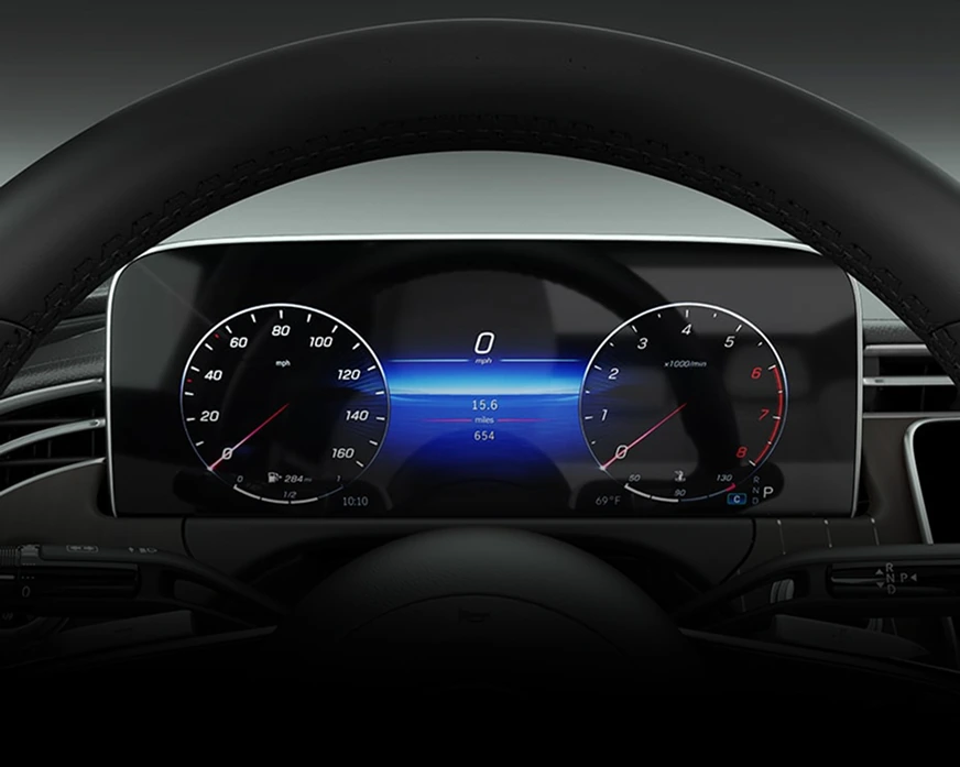 E-Class 12.3-inch digital instrument cluster behind the steering wheel