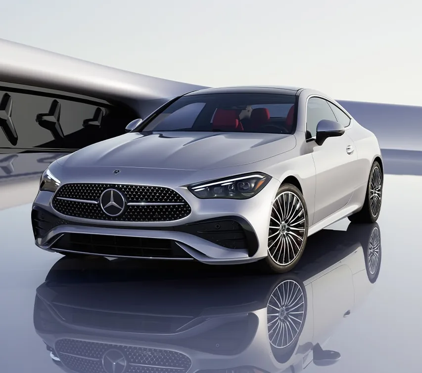 Silver CLE Coupe on a reflective studio floor